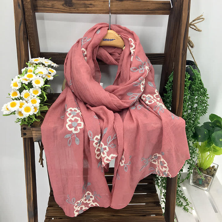 Dünner Damenschal aus Baumwollleinen mit Blumenstickerei
