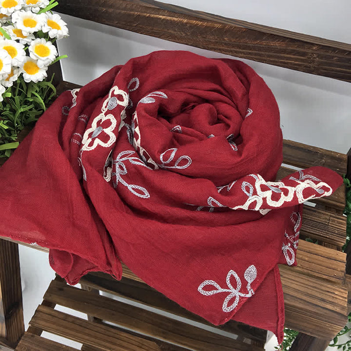 Dünner Damenschal aus Baumwollleinen mit Blumenstickerei