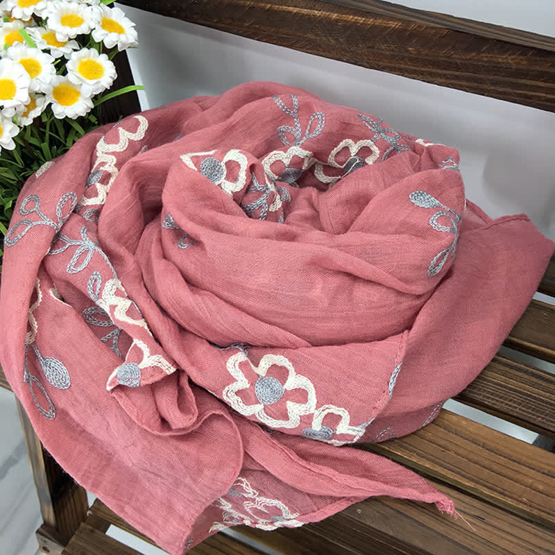 Dünner Damenschal aus Baumwollleinen mit Blumenstickerei