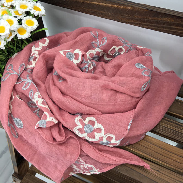 Dünner Damenschal aus Baumwollleinen mit Blumenstickerei