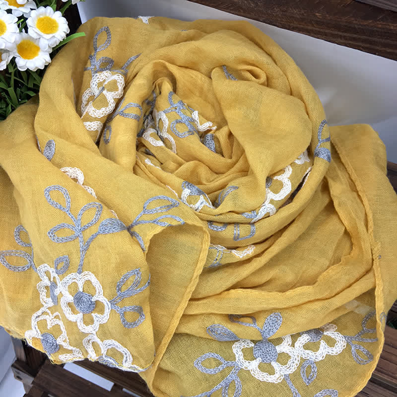 Dünner Damenschal aus Baumwollleinen mit Blumenstickerei