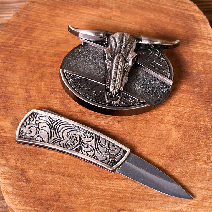 Bull's Head DIY verstecktes Messer Silber Western Vintage Schnalle Ledergürtel - image 3
