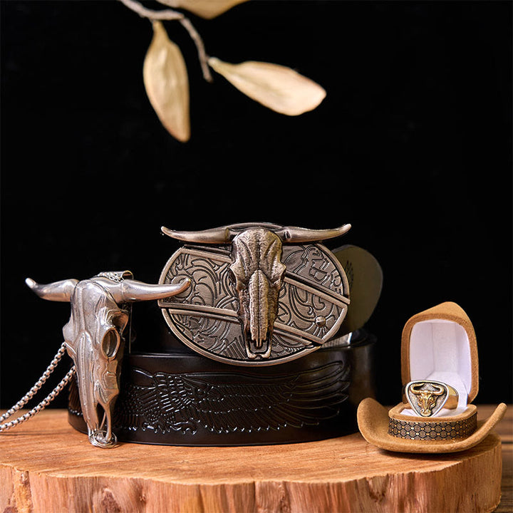 Western Cow DIY versteckte Messer Gürtelschnalle mit Bull Ring Bundle Set - Bullen - Schwarzer Gürtel mit geprägtem Adler - 42 - image 5