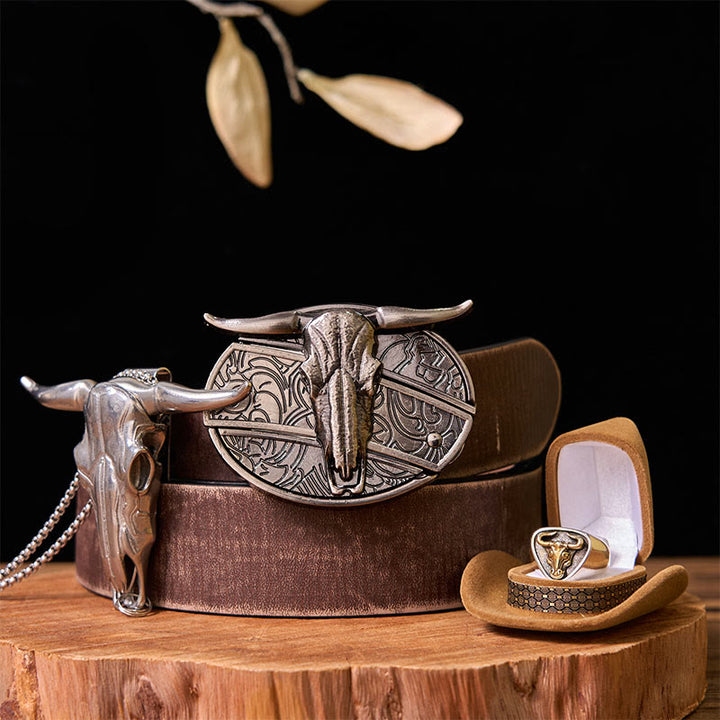 Western Cow DIY versteckte Messer Gürtelschnalle mit Bull Ring Bundle Set - Bullen - Brauner Distressed-Gürtel - 42 - image 8