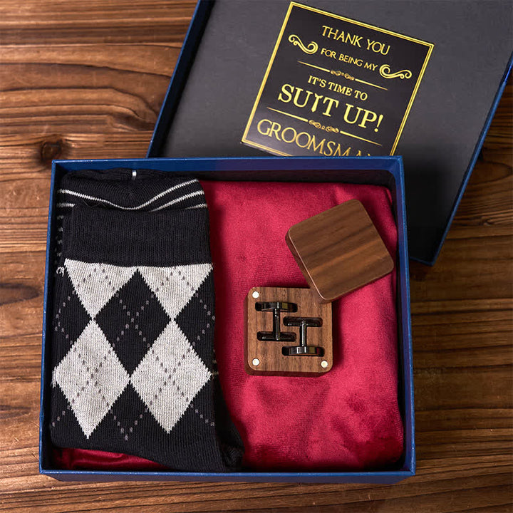 4-teiliges Set mit Krawatte, Manschettenknöpfen, Socken und Anzug, personalisierbarer Flachmann, Geschenkbox für den Trauzeugen