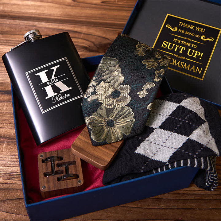 4-teiliges Set mit Krawatte, Manschettenknöpfen, Socken und Anzug, personalisierbarer Flachmann, Geschenkbox für den Trauzeugen
