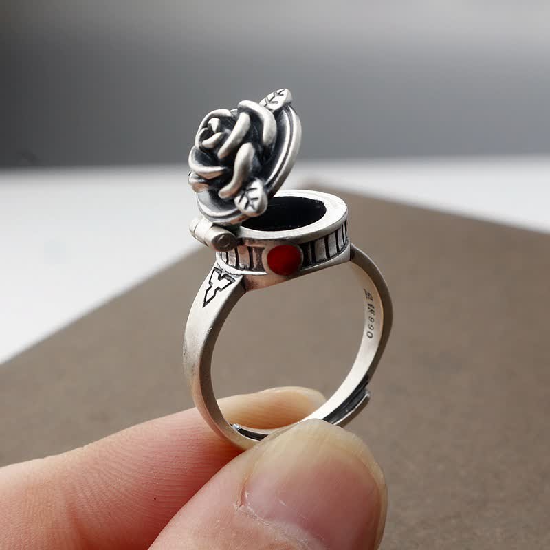 Verstellbarer Ring mit Rosenblüte und verstecktem Fach - Silber - image 0