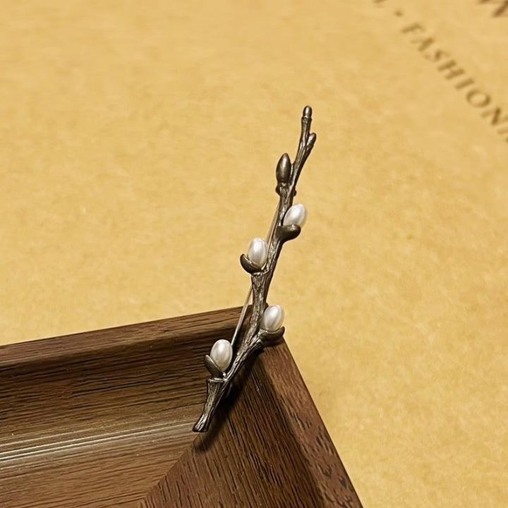 Vintage Zweig Brosche Holz Perle Legierung Pin