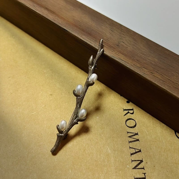 Vintage Zweig Brosche Holz Perle Legierung Pin