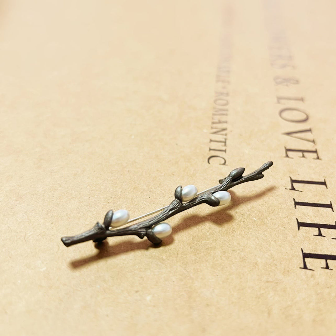 Vintage Zweig Brosche Holz Perle Legierung Pin