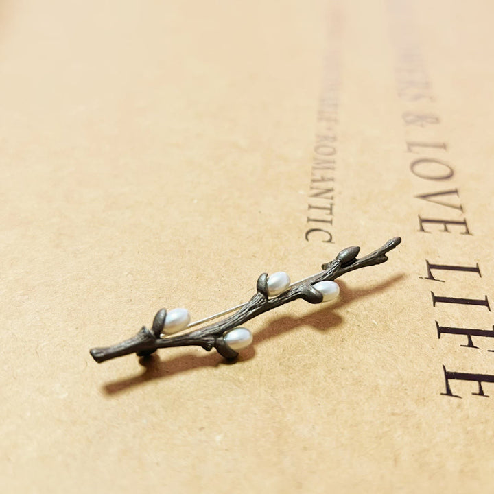 Vintage Zweig Brosche Holz Perle Legierung Pin