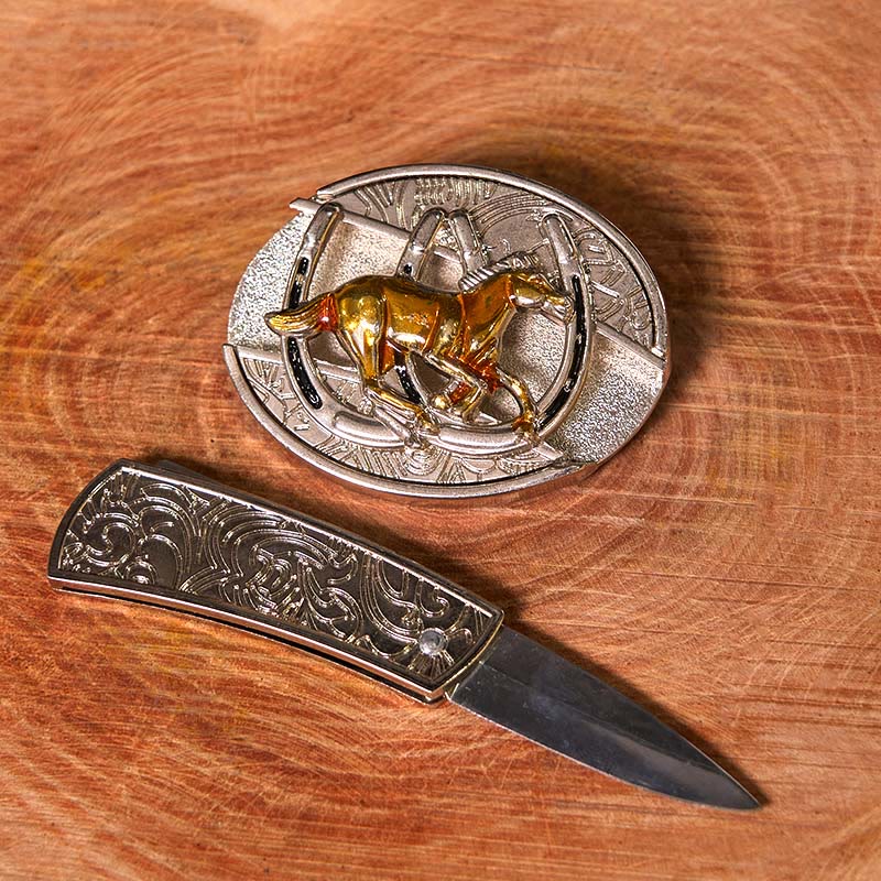 U-förmiger Pferde-DIY-Ledergürtel mit verstecktem Messer und Westernschnalle (Vorverkauf)