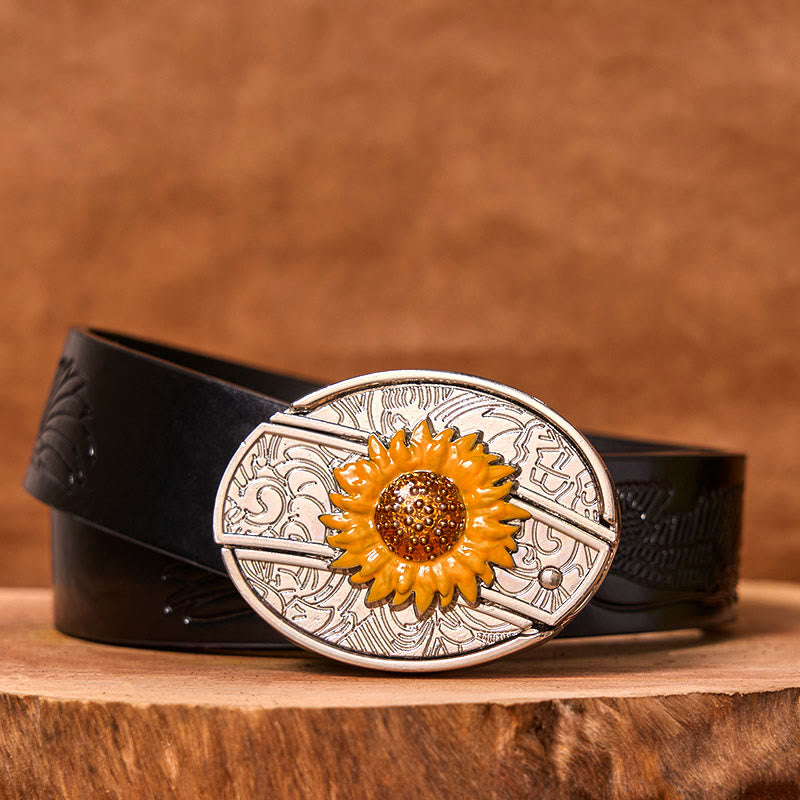 Bunter Herren-Ledergürtel mit Sonnenblumen-Motiv und verstecktem Messer im Western-Stil (Vorverkauf)