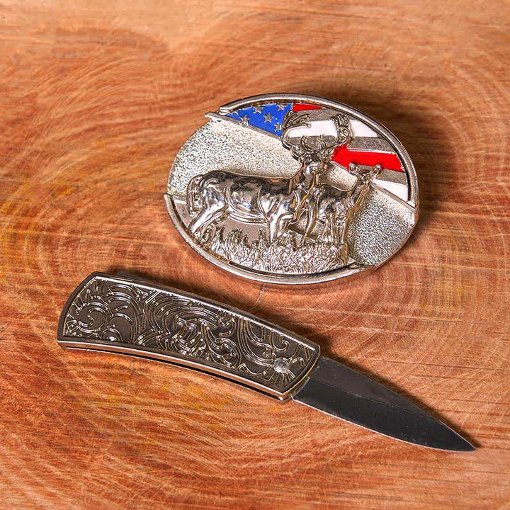 DIY-Ledergürtel für Herren mit emaillierter USA-Flagge und verstecktem Hirsch-Klappmesser (Vorverkauf)