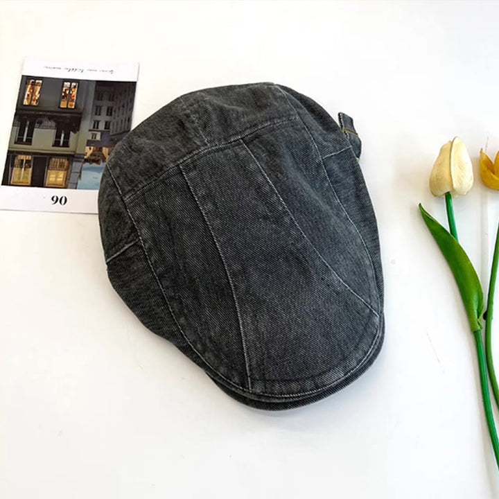 Amerikanische Retro Newsboy-Baskenmütze aus gewaschener Denim-Baumwolle