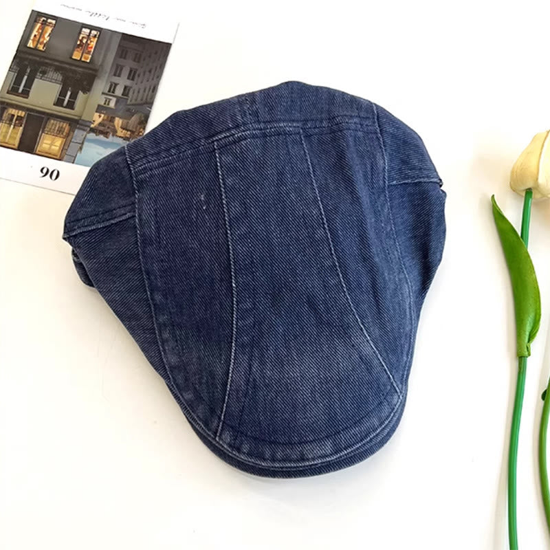 Amerikanische Retro Newsboy-Baskenmütze aus gewaschener Denim-Baumwolle