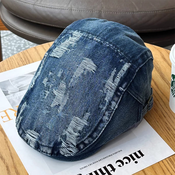 Zerrissene gewaschene Denim-Newsboy-Schiebermütze Baskenmütze