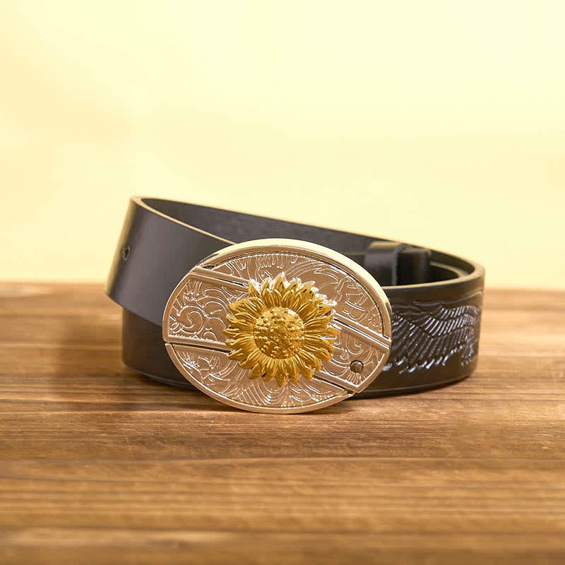 Herren DIY Gold & Silber Sonnenblume verstecktes Klappmesser Ledergürtel
