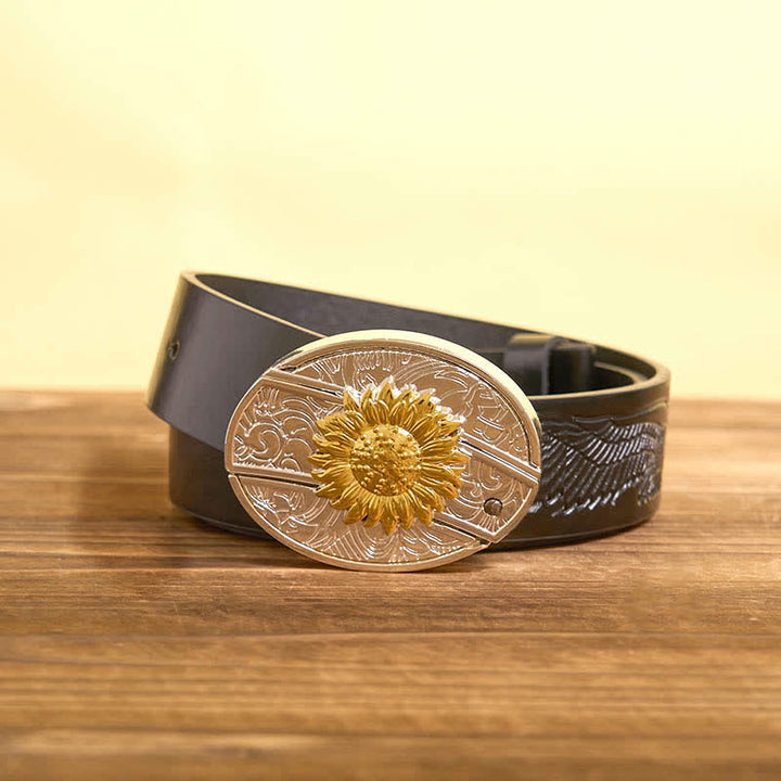 Herren DIY Gold & Silber Sonnenblume verstecktes Klappmesser Ledergürtel