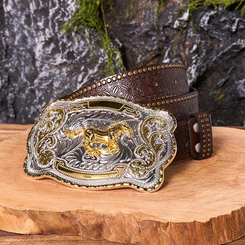 Gold Running Horse DIY Western Cowboy Schnalle Ledergürtel - Laufendes Pferd - Brauner Nietengürtel - 42 - image 8