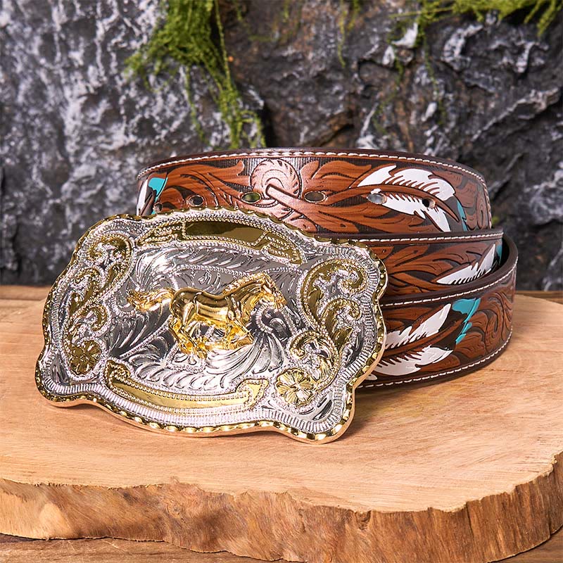 Gold Running Horse DIY Western Cowboy Schnalle Ledergürtel - Laufendes Pferd - Brauner Federgürtel - 40 - image 11