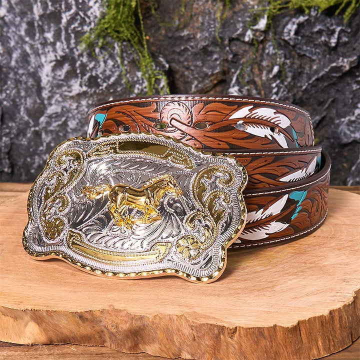 Gold Running Horse DIY Western Cowboy Schnalle Ledergürtel - Laufendes Pferd - Brauner Federgürtel - 40 - image 11