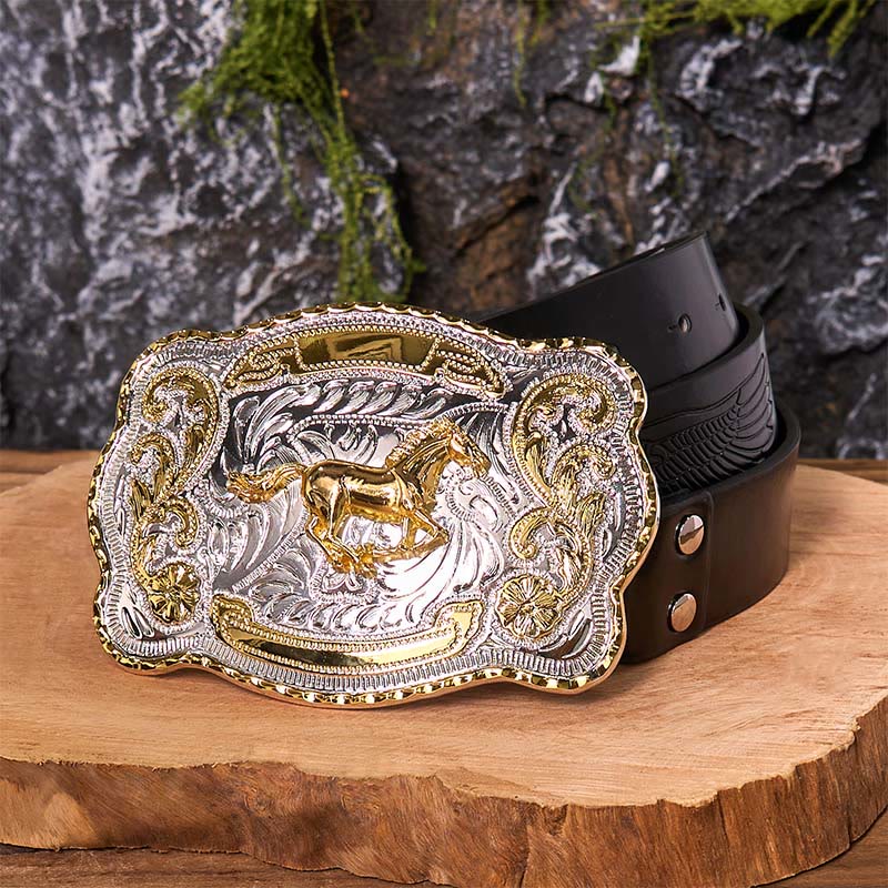 Gold Running Horse DIY Western Cowboy Schnalle Ledergürtel - Laufendes Pferd - Schwarzer Gürtel mit geprägtem Adler - 42 - image 6