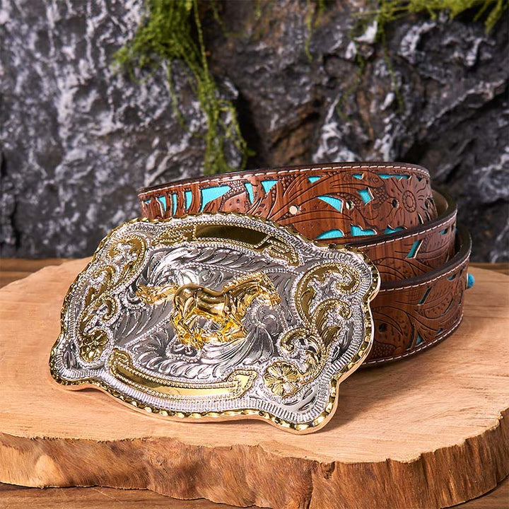 Gold Running Horse DIY Western Cowboy Schnalle Ledergürtel - Laufendes Pferd - Türkisfarbener geschnitzter Gürtel - 42 - image 7