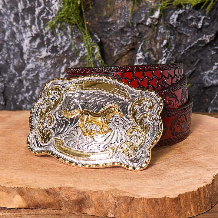 Gold Running Horse DIY Western Cowboy Schnalle Ledergürtel - Laufendes Pferd - Brauner geschnitzter Gürtel - 42 - image 10