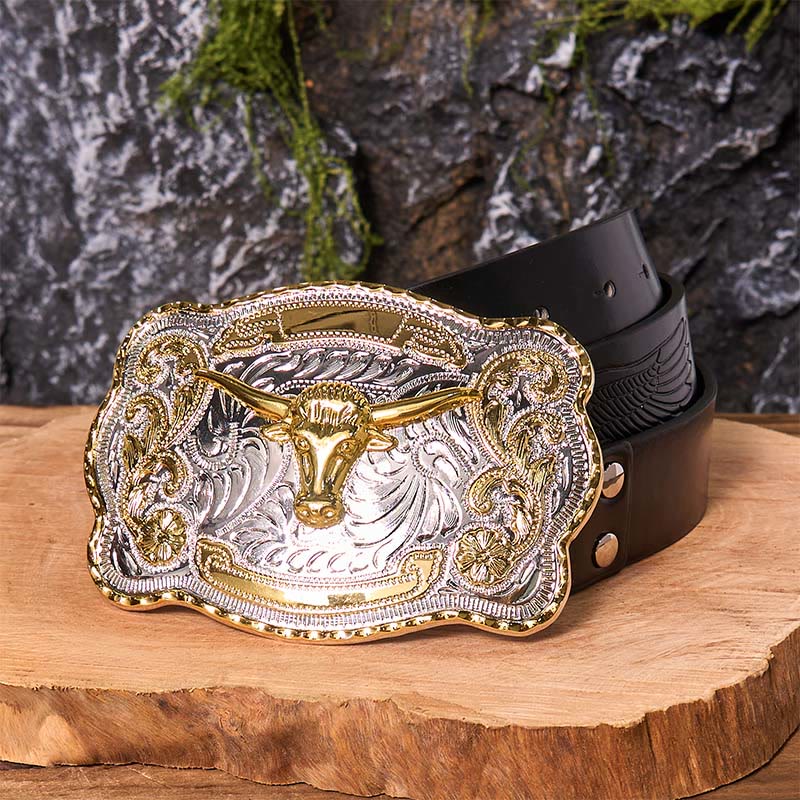 Gold Bullenkopf DIY Western Cowboy Schnalle Ledergürtel - Goldener Bullenkopf - Schwarzer Gürtel mit geprägtem Adler - 42 - image 6