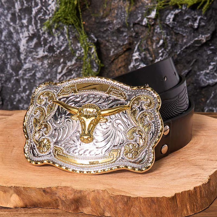 Gold Bullenkopf DIY Western Cowboy Schnalle Ledergürtel - Goldener Bullenkopf - Schwarzer Gürtel mit geprägtem Adler - 42 - image 6