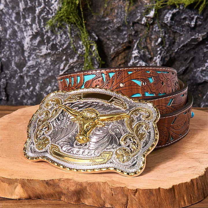 Gold Bullenkopf DIY Western Cowboy Schnalle Ledergürtel - Goldener Bullenkopf - Türkisfarbener geschnitzter Gürtel - 42 - image 7