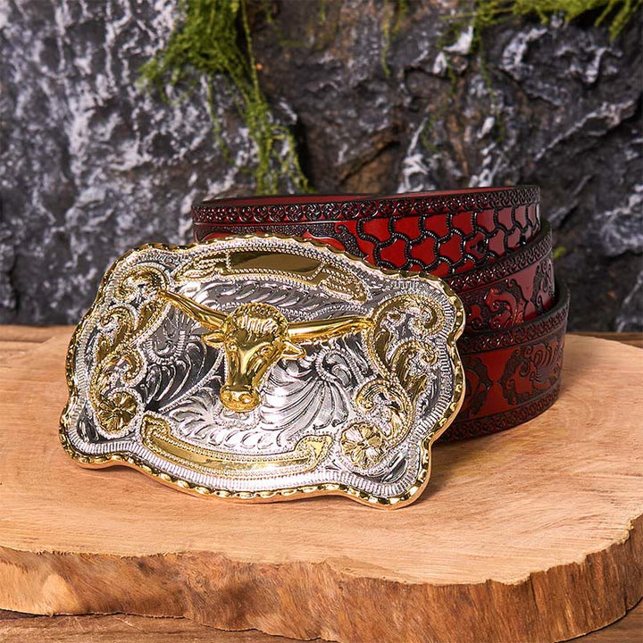 Gold Bullenkopf DIY Western Cowboy Schnalle Ledergürtel - Goldener Bullenkopf - Brauner geschnitzter Gürtel - 42 - image 10