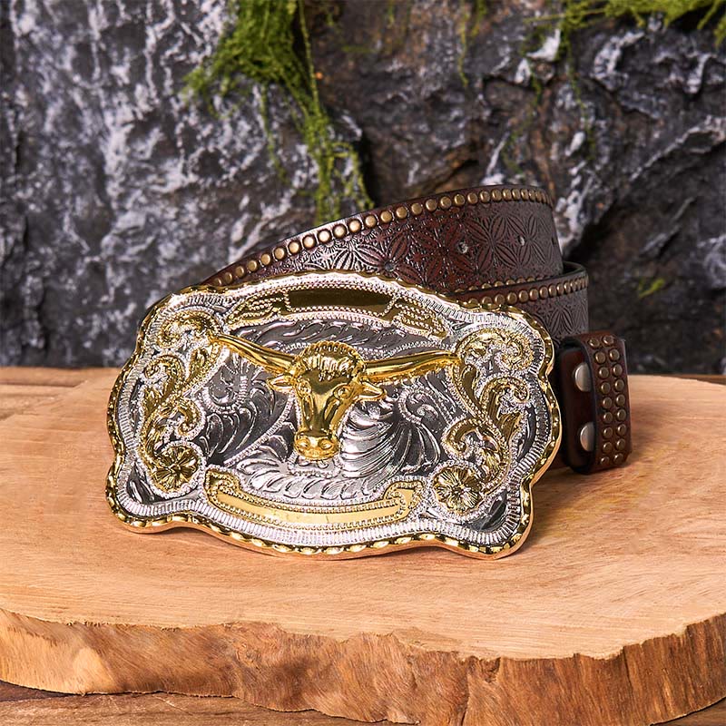 Gold Bullenkopf DIY Western Cowboy Schnalle Ledergürtel - Goldener Bullenkopf - Brauner Nietengürtel - 42 - image 8