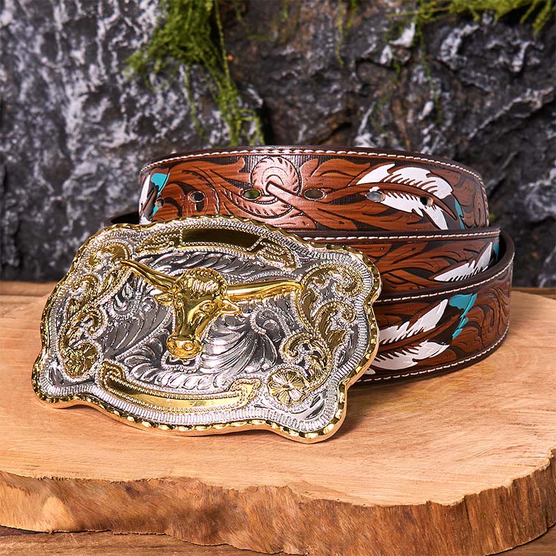 Gold Bullenkopf DIY Western Cowboy Schnalle Ledergürtel - Goldener Bullenkopf - Brauner Federgürtel - 40 - image 11
