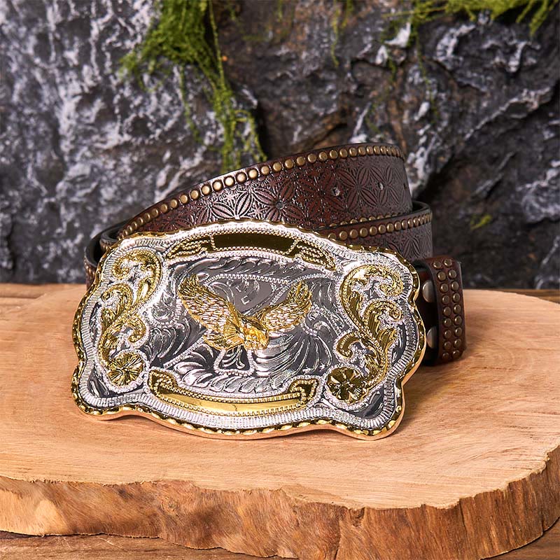 Gold Flying Eagle DIY Western Cowboy Schnalle Ledergürtel - Fliegender Adler - Brauner Nietengürtel - 42 - image 8