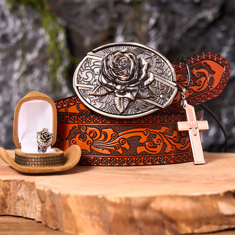 Rosenmotiv, DIY-Gürtelschnalle mit verstecktem Messer, Kreuzanhänger, Rosenring-Set - Rose - Orangefarbener geschnitzter Gürtel - 42 - image 0