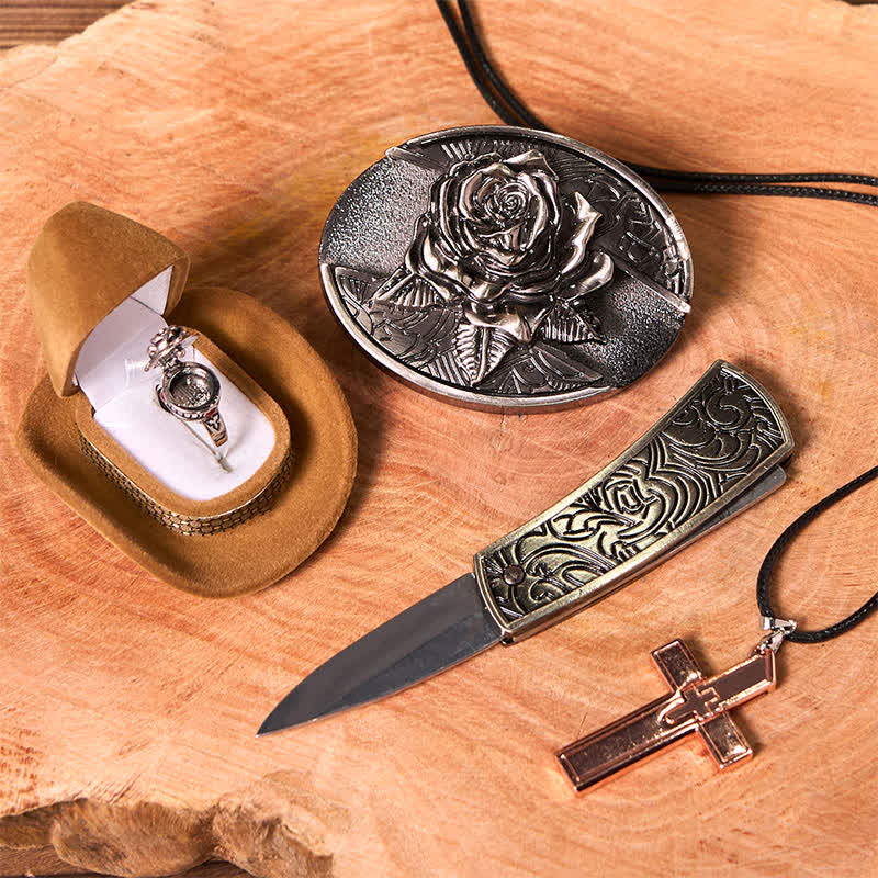 Rosenmotiv, DIY-Gürtelschnalle mit verstecktem Messer, Kreuzanhänger, Rosenring-Set - image 2