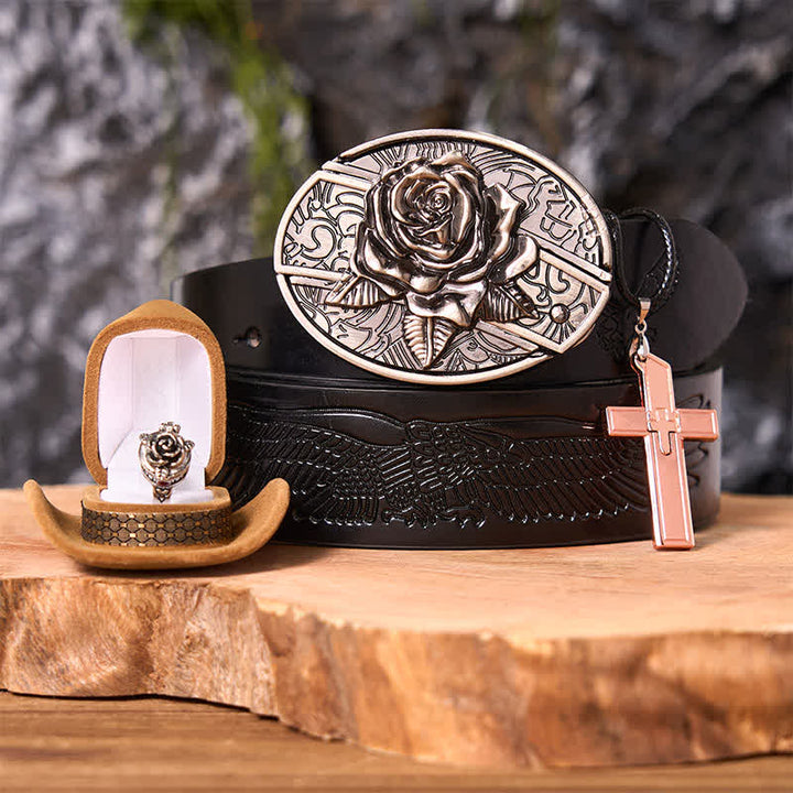 Rosenmotiv, DIY-Gürtelschnalle mit verstecktem Messer, Kreuzanhänger, Rosenring-Set - Rose - Schwarzer Gürtel mit geprägtem Adler - 42 - image 3
