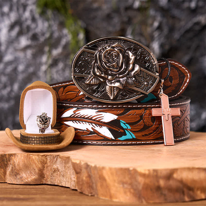 Rosenmotiv, DIY-Gürtelschnalle mit verstecktem Messer, Kreuzanhänger, Rosenring-Set - Rose - Brauner Federgürtel - 40 - image 7