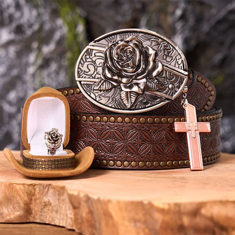 Rosenmotiv, DIY-Gürtelschnalle mit verstecktem Messer, Kreuzanhänger, Rosenring-Set - Rose - Brauner Nietengürtel - 42 - image 5