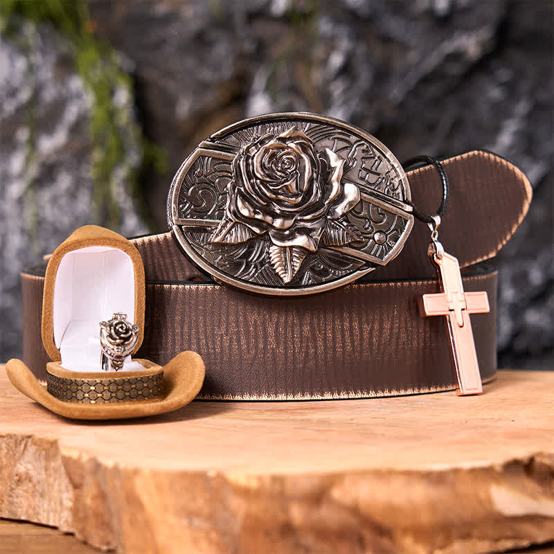Rosenmotiv, DIY-Gürtelschnalle mit verstecktem Messer, Kreuzanhänger, Rosenring-Set - Rose - Brauner Distressed-Gürtel - 42 - image 6