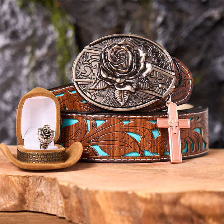 Rosenmotiv, DIY-Gürtelschnalle mit verstecktem Messer, Kreuzanhänger, Rosenring-Set - Rose - Türkisfarbener geschnitzter Gürtel - 42 - image 4
