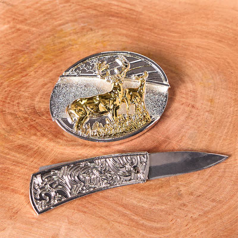 DIY-Ledergürtel für Herren mit verstecktem Klappmesser aus Gold und Silber mit Hirschen