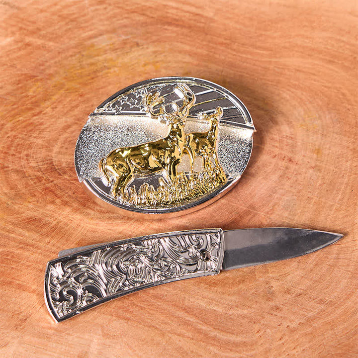 DIY-Ledergürtel für Herren mit verstecktem Klappmesser aus Gold und Silber mit Hirschen
