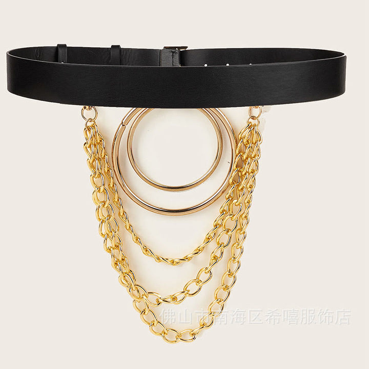 Punk-Ledergürtel mit rundem Ring, Metallkettengürtel