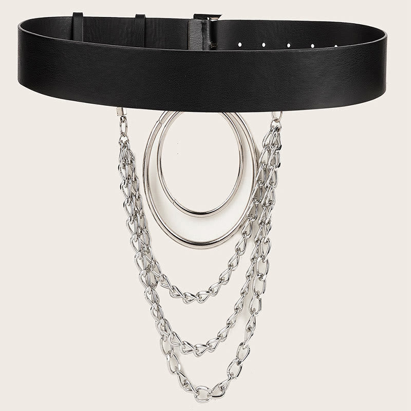 Punk-Ledergürtel mit rundem Ring, Metallkettengürtel