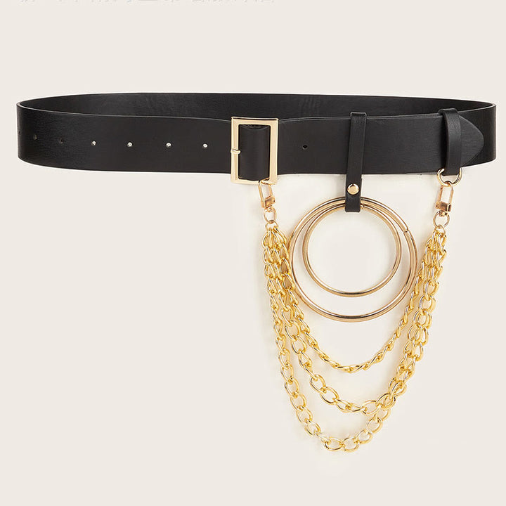 Punk-Ledergürtel mit rundem Ring, Metallkettengürtel