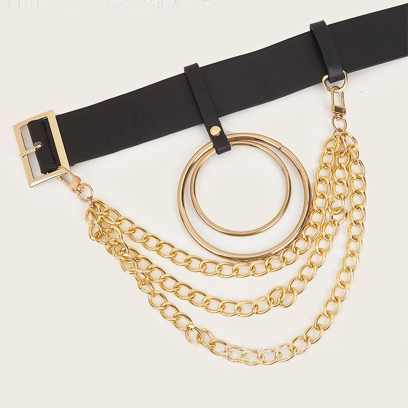 Punk-Ledergürtel mit rundem Ring, Metallkettengürtel