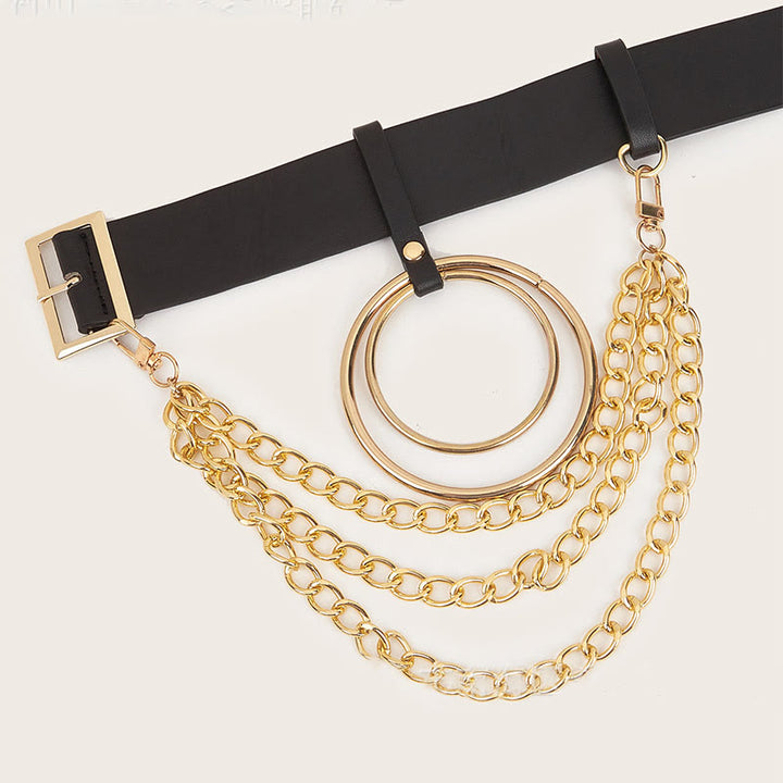 Punk-Ledergürtel mit rundem Ring, Metallkettengürtel